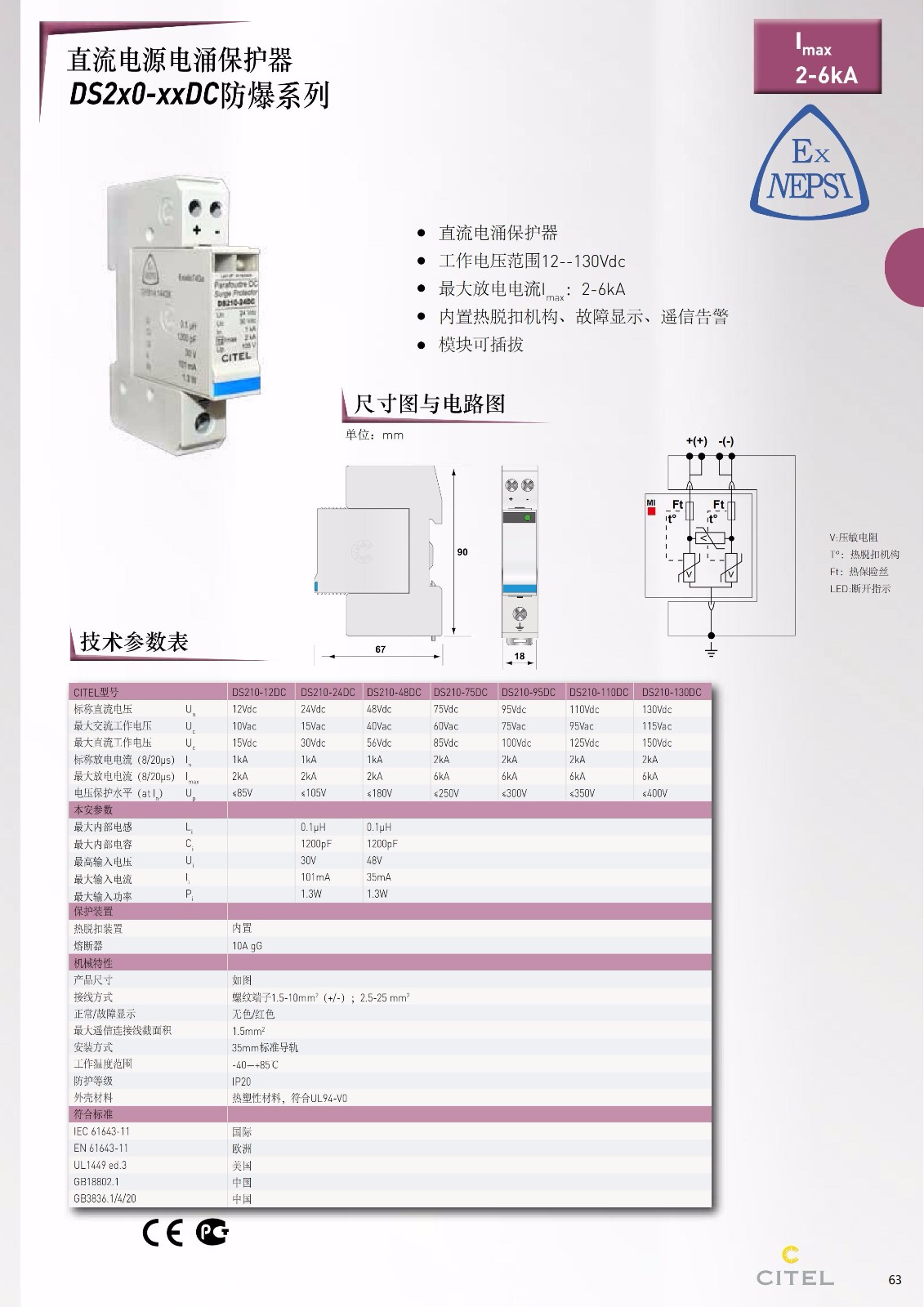 直流防雷器DS50PV-1000-30系列技術(shù)參數(shù)、規(guī)格尺寸